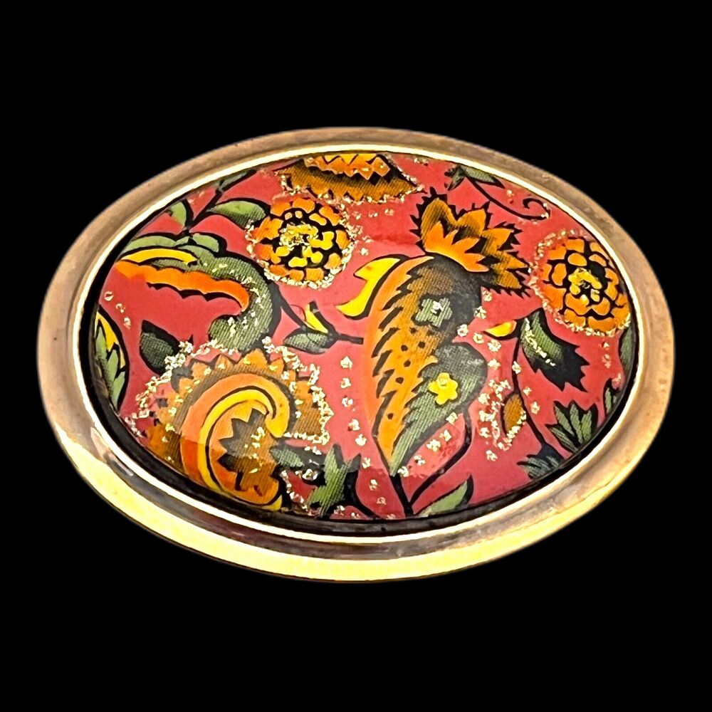 Vintage 1970s Floral Scarf Clip Gold Tone Glitter Enamel Oval - 13B